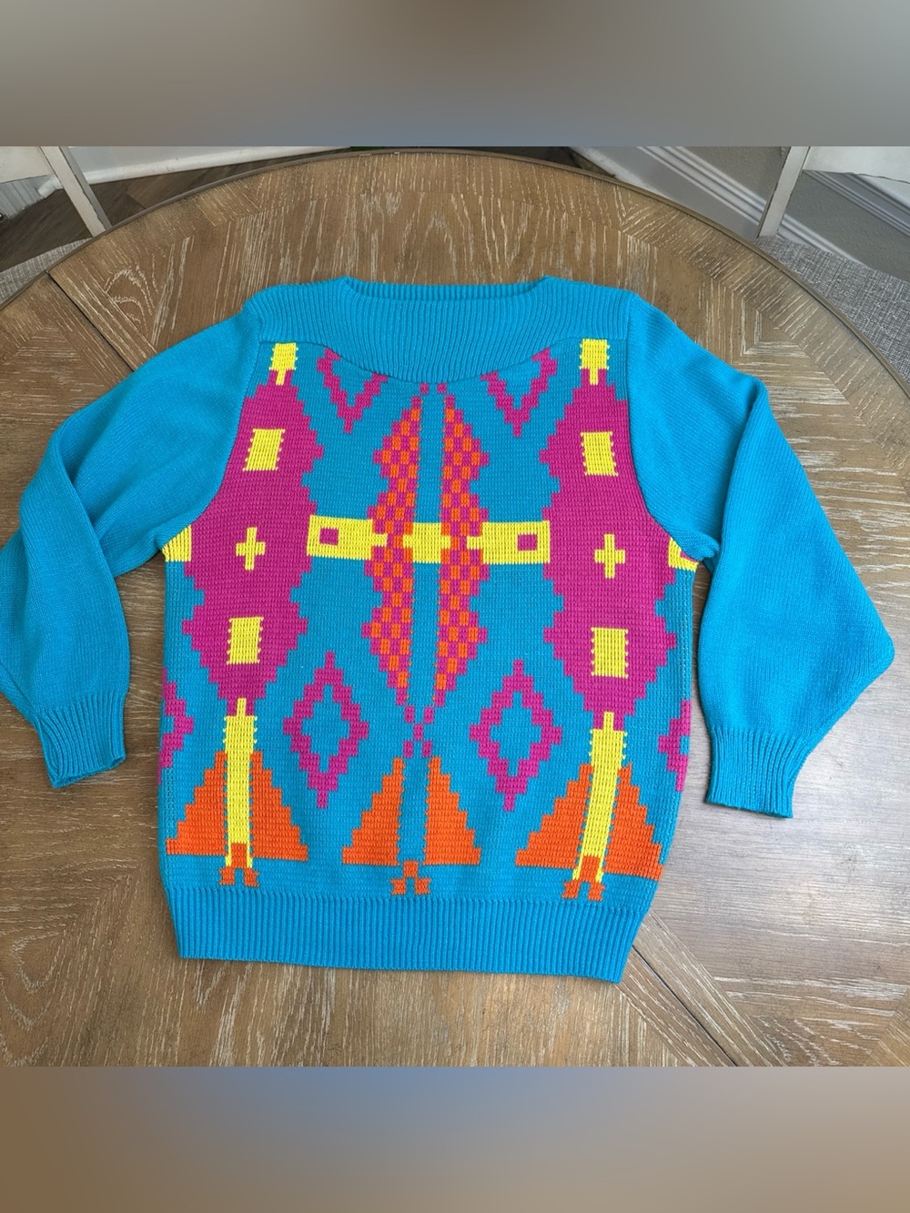 Vintage Carushka Vibrant Turquoise Geometric Pattern Sweater